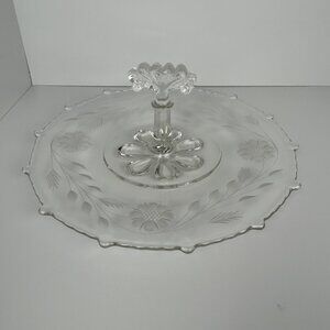 Paden City Elegant Glass Serving Tray Centre Handle Etched Floral Sandwich Plate